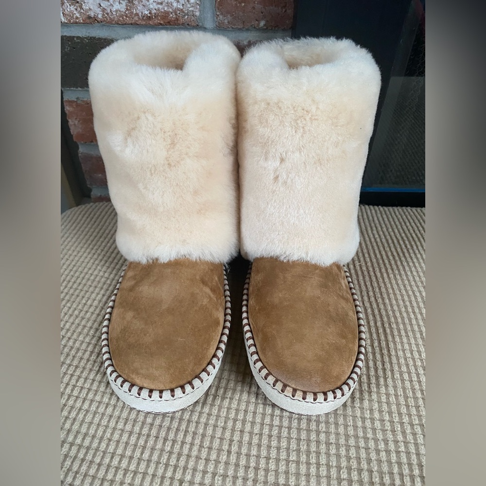 UGG Womens Kestrel Sheepskin Suede Boots Size US8 Chestnut Fluffy Shearling Cuff
